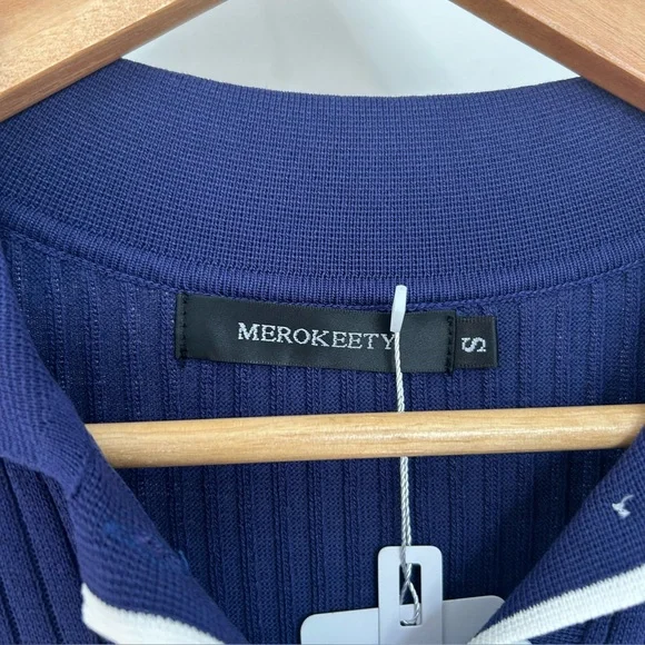 Merokeety Ribbed Knit MIDI Polo Dress Blue Button V-Neck Size S NWT Old Money - Picture 3 of 9